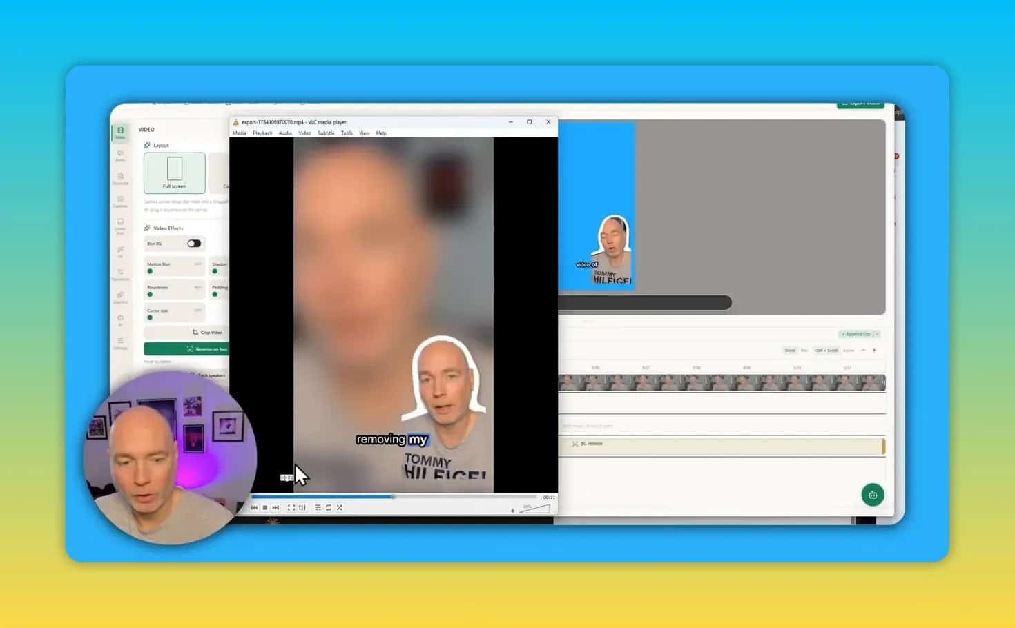 PandaStudio preview showing a cutout presenter over a blurred vertical background