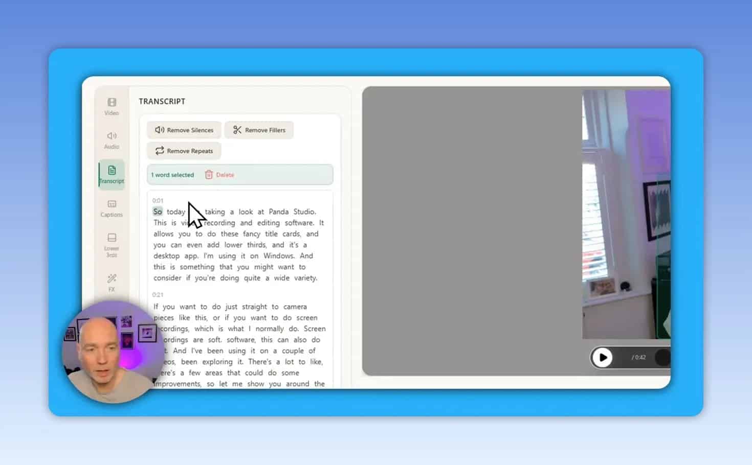 PandaStudio editor showing editable text beside a video preview