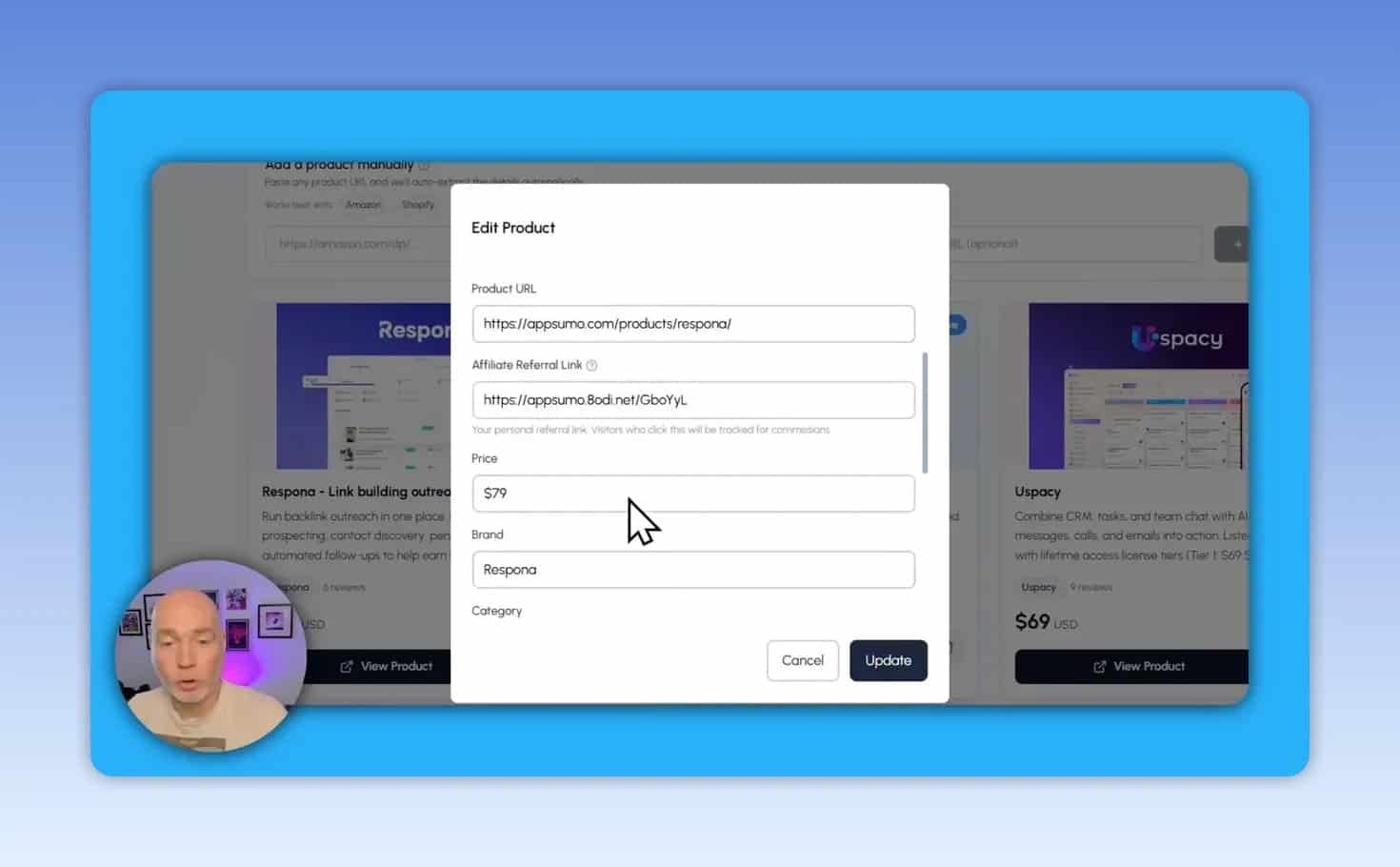Product editing form with product URL affiliate link price and brand fields