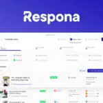 Screenshot of the Respona dashboard showing a campaign overview, progress metrics, opportunity sources, and a list of outreach opportunities.