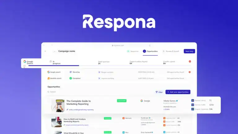 Screenshot of the Respona dashboard showing a campaign overview, progress metrics, opportunity sources, and a list of outreach opportunities.