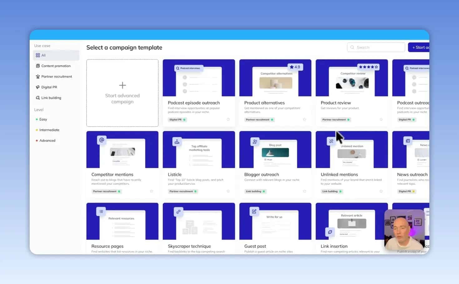 Campaign templates library with multiple outreach campaign cards