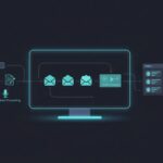 Illustration of a modern outreach platform dashboard showing abstract icons for link building, guest posts, podcast prospecting, and email sequencing with connected workflow nodes.