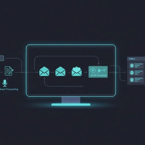 Illustration of a modern outreach platform dashboard showing abstract icons for link building, guest posts, podcast prospecting, and email sequencing with connected workflow nodes.