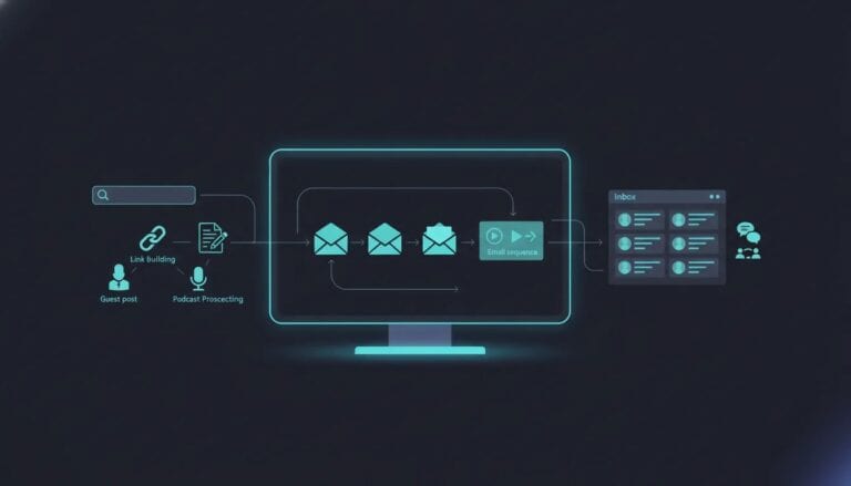Illustration of a modern outreach platform dashboard showing abstract icons for link building, guest posts, podcast prospecting, and email sequencing with connected workflow nodes.