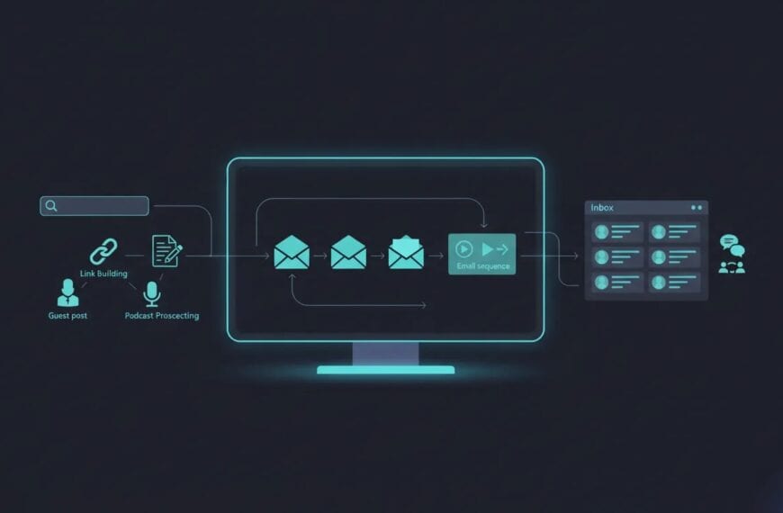Illustration of a modern outreach platform dashboard showing abstract icons for link building, guest posts, podcast prospecting, and email sequencing with connected workflow nodes.