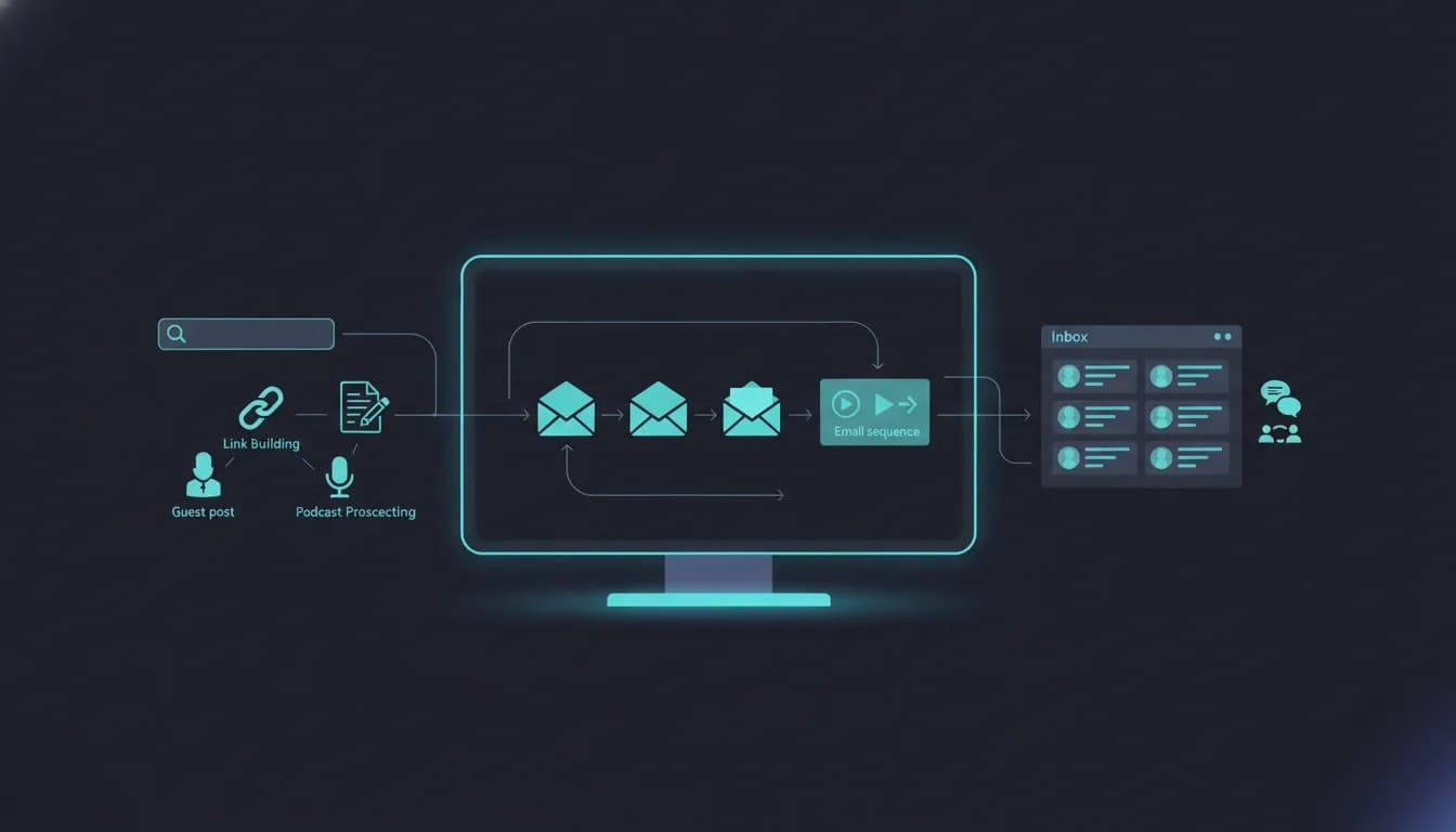 Illustration of a modern outreach platform dashboard showing abstract icons for link building, guest posts, podcast prospecting, and email sequencing with connected workflow nodes.