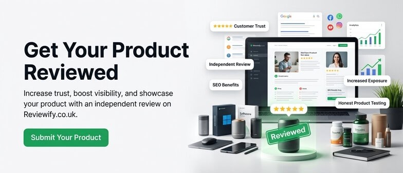 A workspace with tech products a laptop showing review stats and highlighted benefits of getting products reviewed with a Submit Your Product button on the left