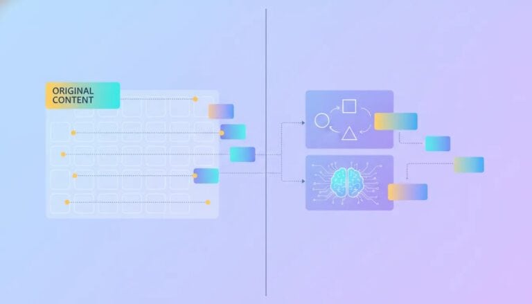 Illustration of a modern social media scheduling and AI content repurposing dashboard with a visual calendar and connected automation flows across multiple platforms.