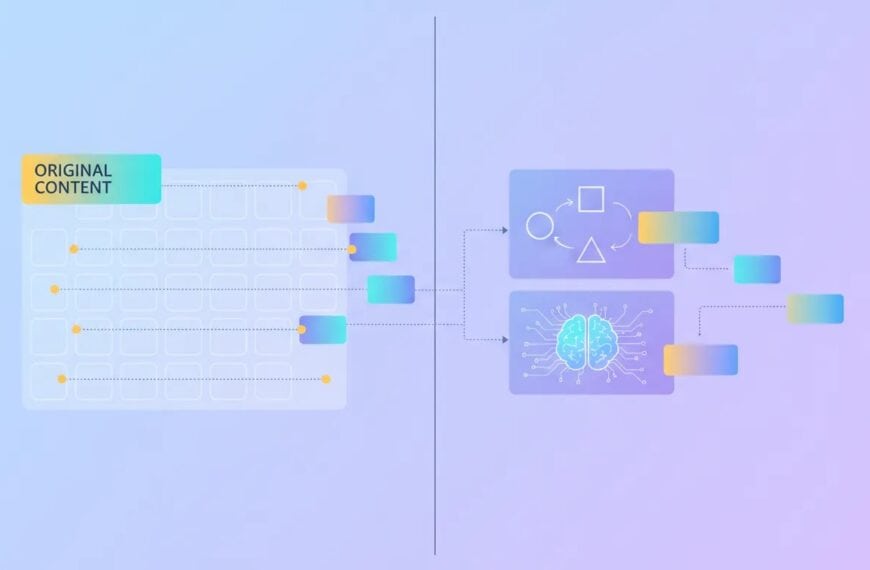 Illustration of a modern social media scheduling and AI content repurposing dashboard with a visual calendar and connected automation flows across multiple platforms.
