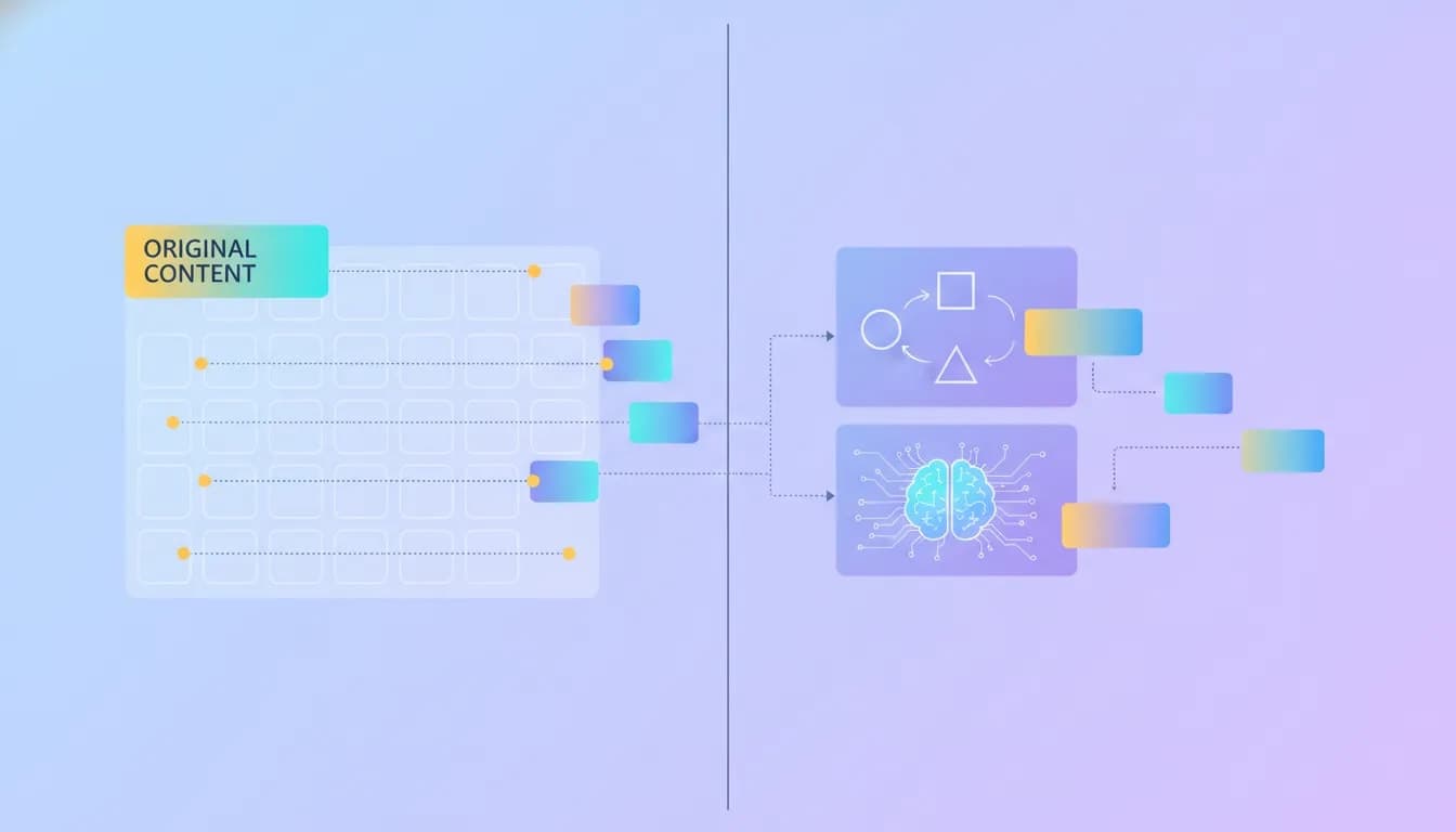 Illustration of a modern social media scheduling and AI content repurposing dashboard with a visual calendar and connected automation flows across multiple platforms.