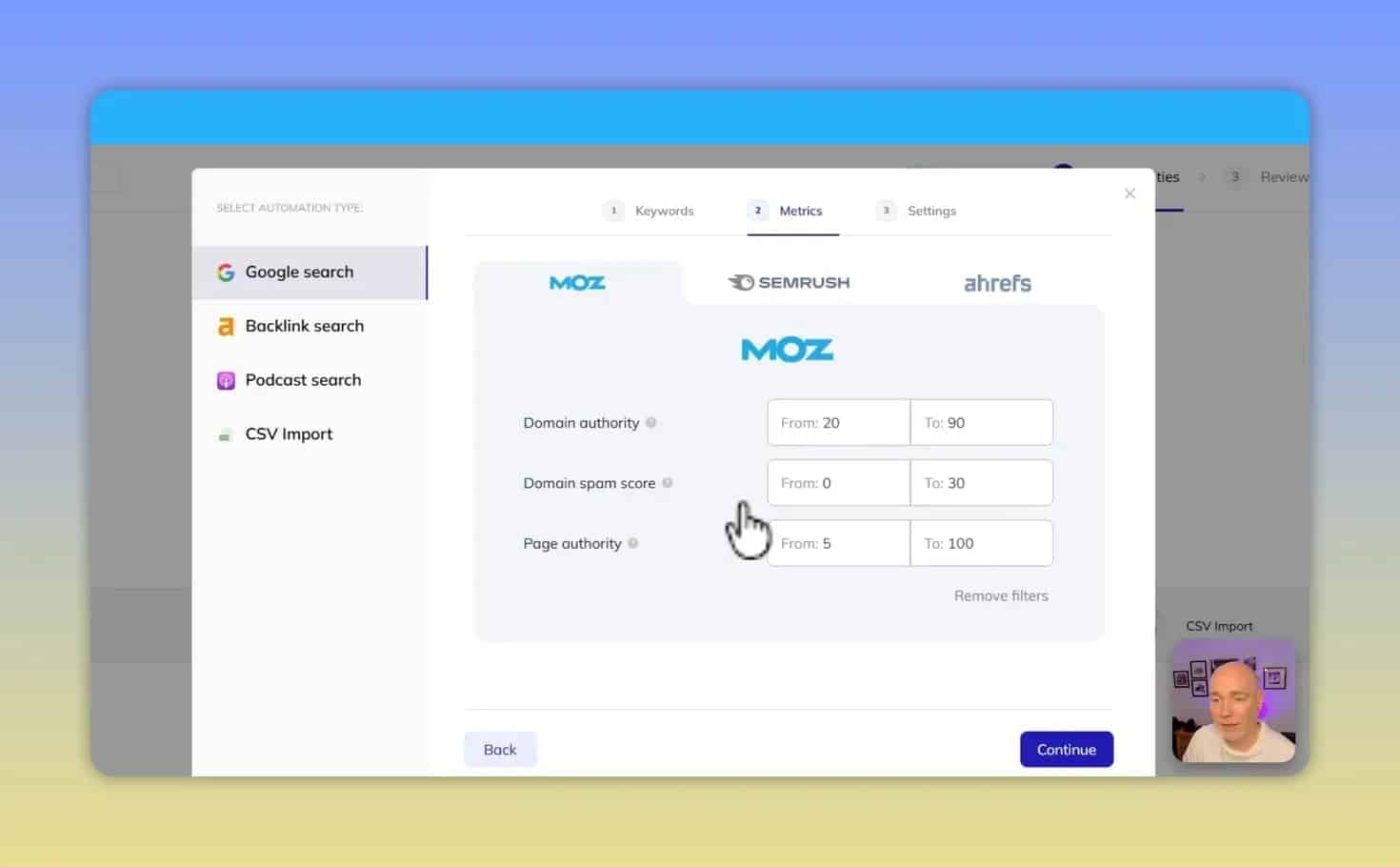 Metrics settings screen with Moz selected and fields for domain authority spam score and page authority