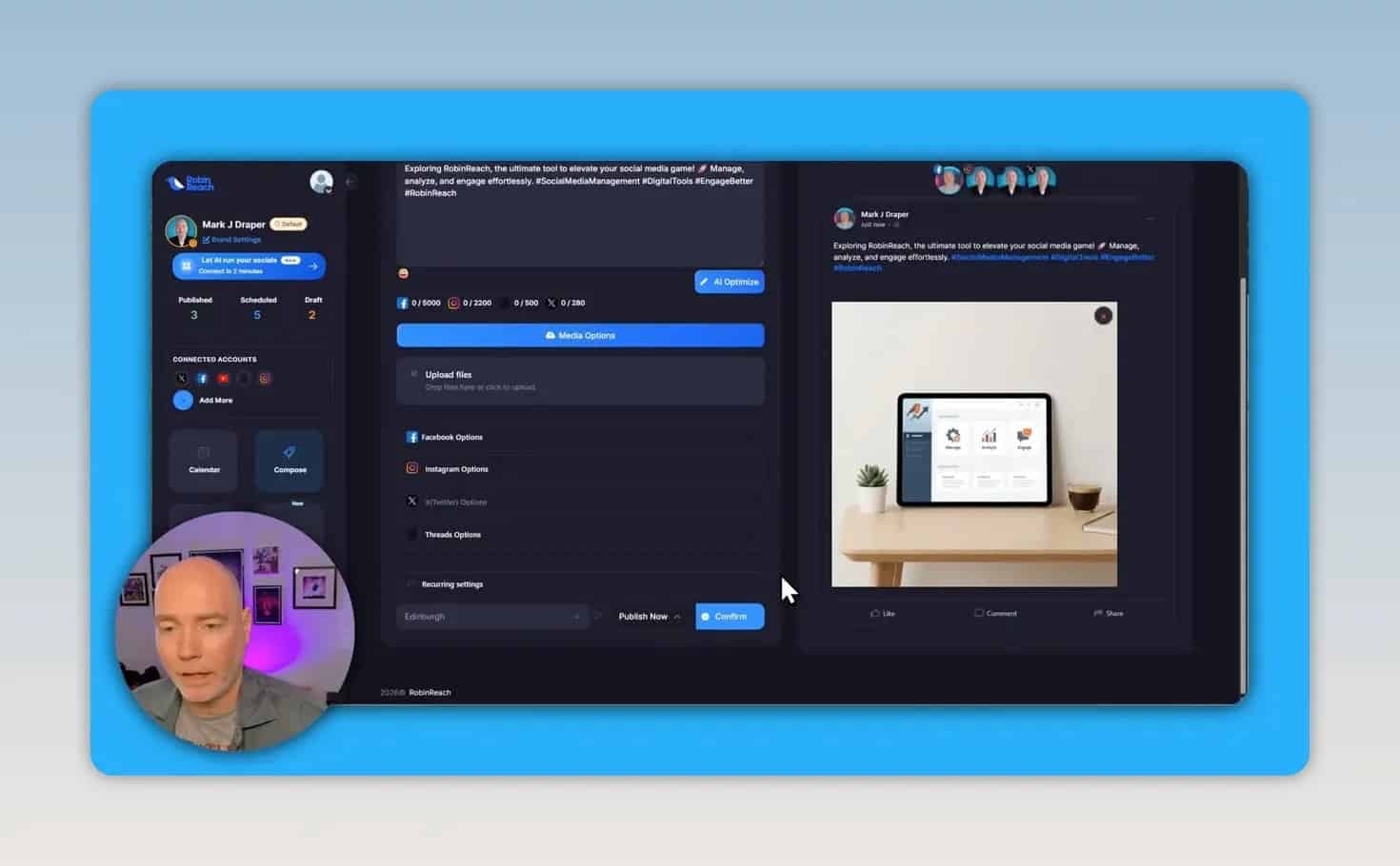 Post composer with social profile selection and image preview