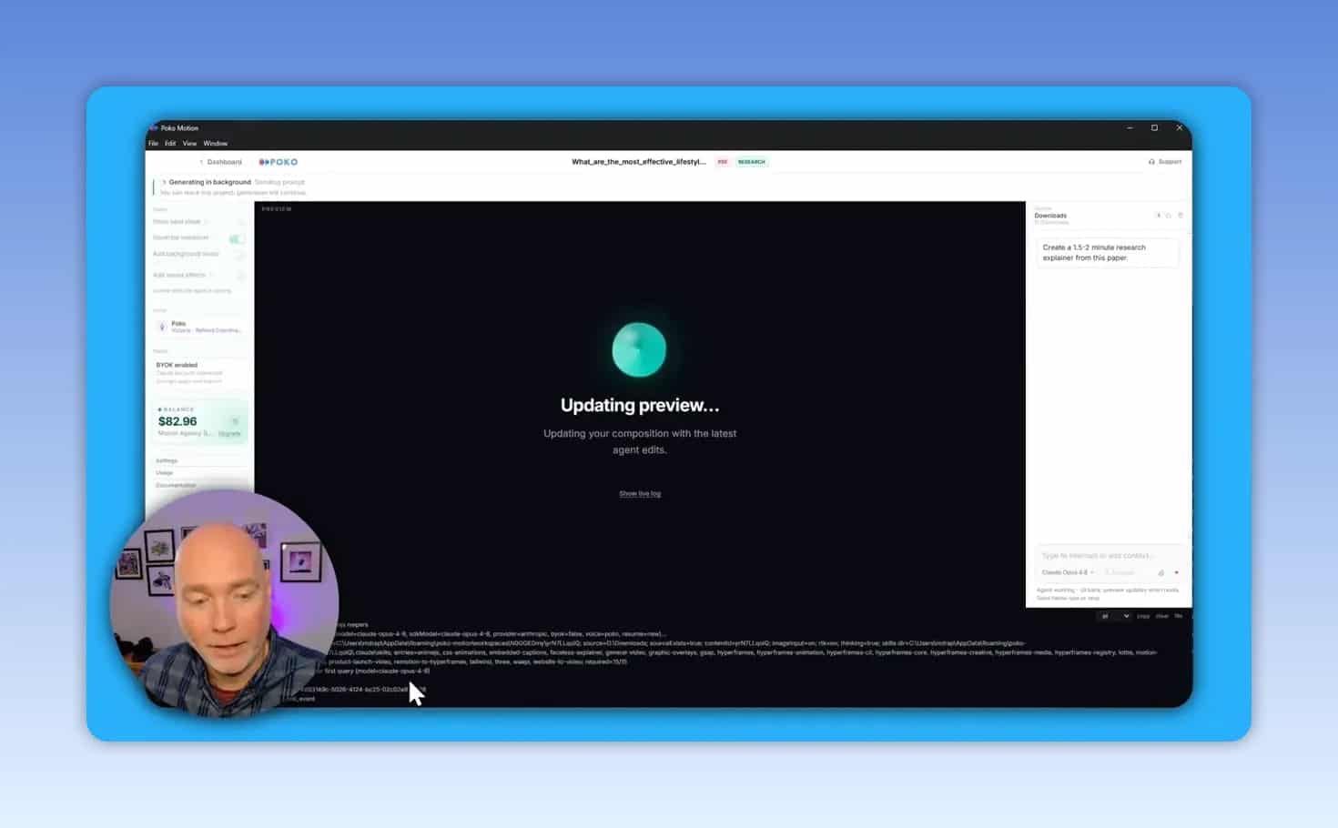 App interface showing updating preview status with live log text at the bottom