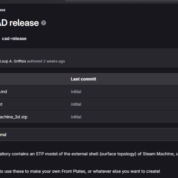 GitHub repository page titled “CAD release” displaying files: README.md, licence.txt, and steam_machine_3d.stp, with descriptions and timestamps.