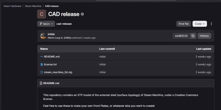 GitHub repository page titled “CAD release” displaying files: README.md, licence.txt, and steam_machine_3d.stp, with descriptions and timestamps.