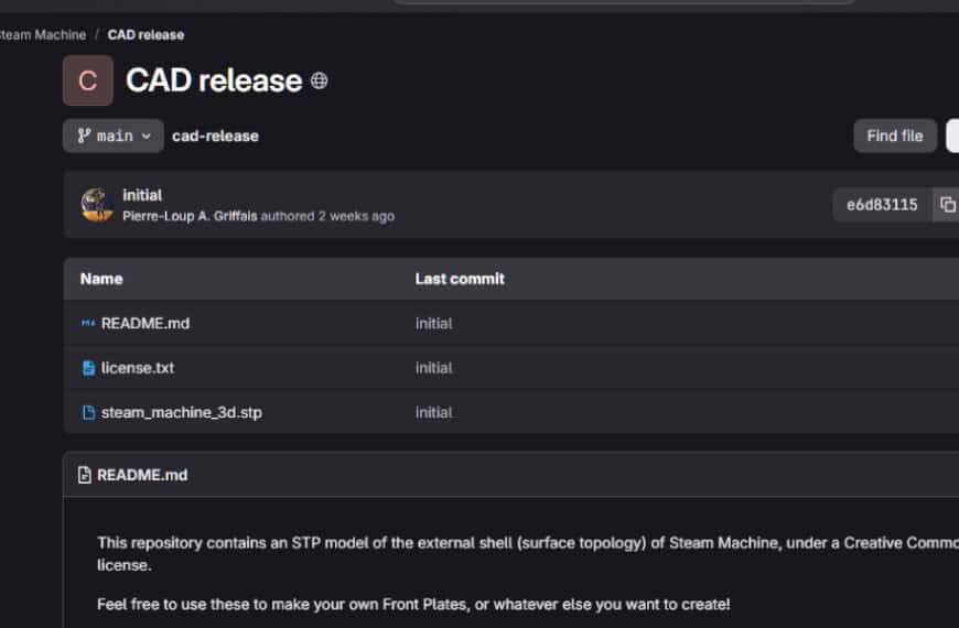 GitHub repository page titled “CAD release” displaying files: README.md, licence.txt, and steam_machine_3d.stp, with descriptions and timestamps.