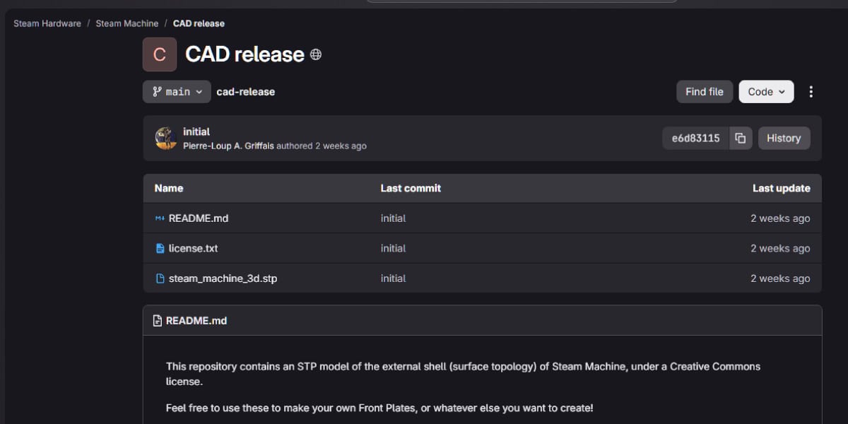 GitHub-Repository-Seite mit dem Titel „CAD-Release“, die die Dateien README.md, licence.txt und steam_machine_3d.stp mit Beschreibungen und Zeitstempeln anzeigt.