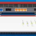 A white FRITZ!Box router is shown from the front and back, displaying indicator lights, four LAN ports, WAN port, phone ports, power input, and ventilation grilles.