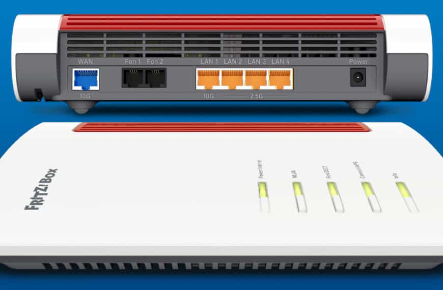 A white FRITZ!Box router is shown from the front and back, displaying indicator lights, four LAN ports, WAN port, phone ports, power input, and ventilation grilles.