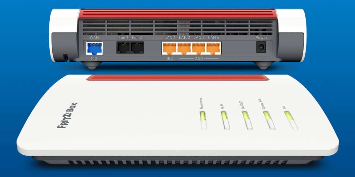 A white FRITZ!Box router is shown from the front and back, displaying indicator lights, four LAN ports, WAN port, phone ports, power input, and ventilation grilles.