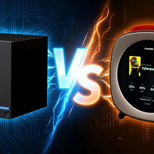 A black cube-shaped computer faces off against a rounded portable PC with a display screen, separated by a glowing “VS” and electrical effects.