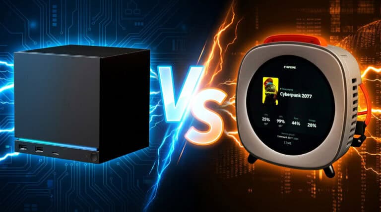 A black cube-shaped computer faces off against a rounded portable PC with a display screen, separated by a glowing “VS” and electrical effects.