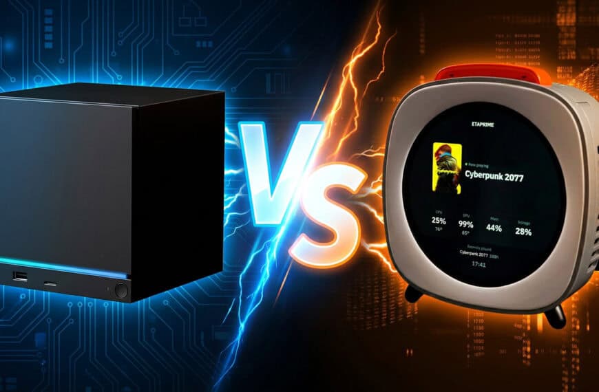 A black cube-shaped computer faces off against a rounded portable PC with a display screen, separated by a glowing “VS” and electrical effects.