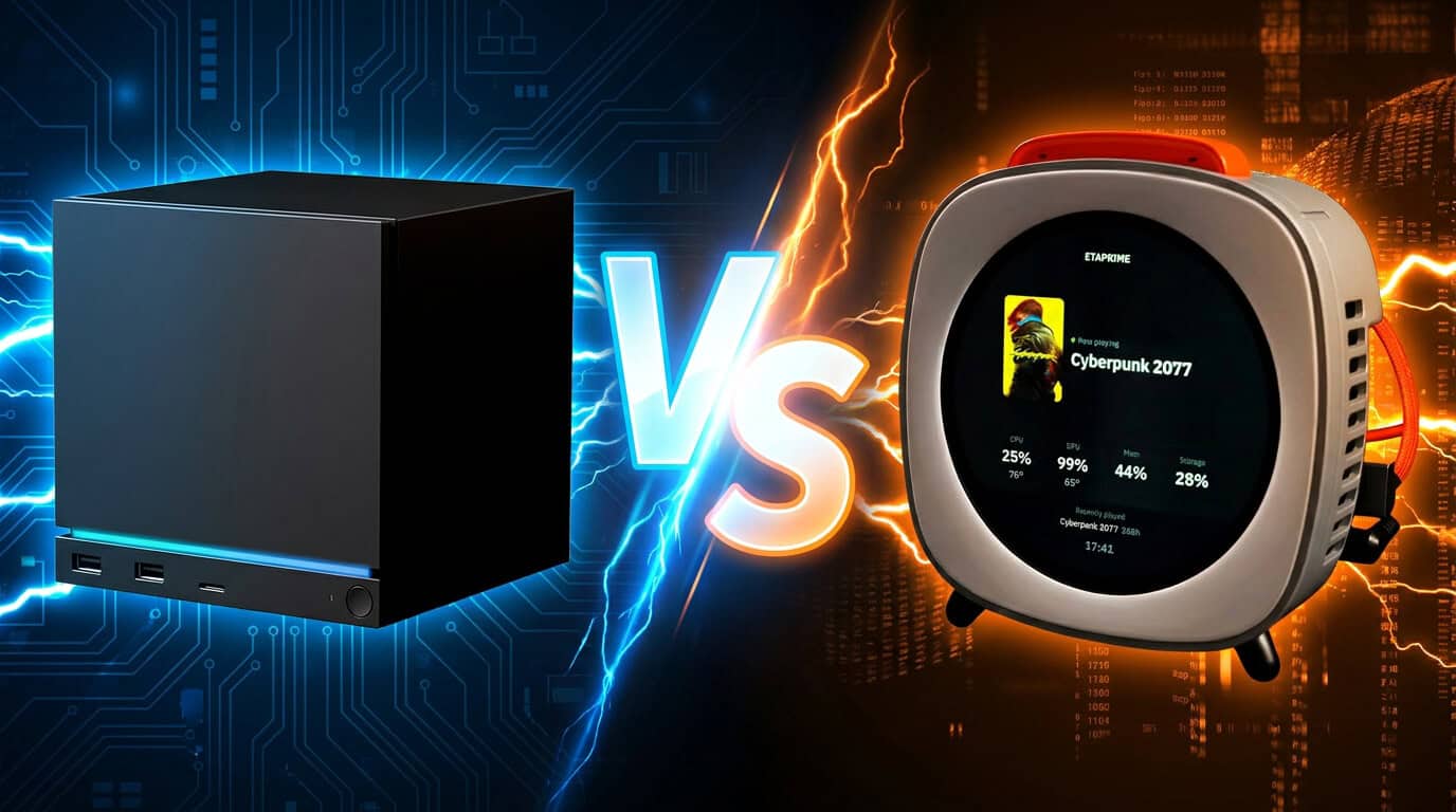 A black cube-shaped computer faces off against a rounded portable PC with a display screen, separated by a glowing “VS” and electrical effects.