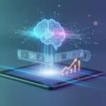 AI-assisted YouTube video production concept with an abstract brain and connected video timeline, suggesting automation and potential monetization without any text.