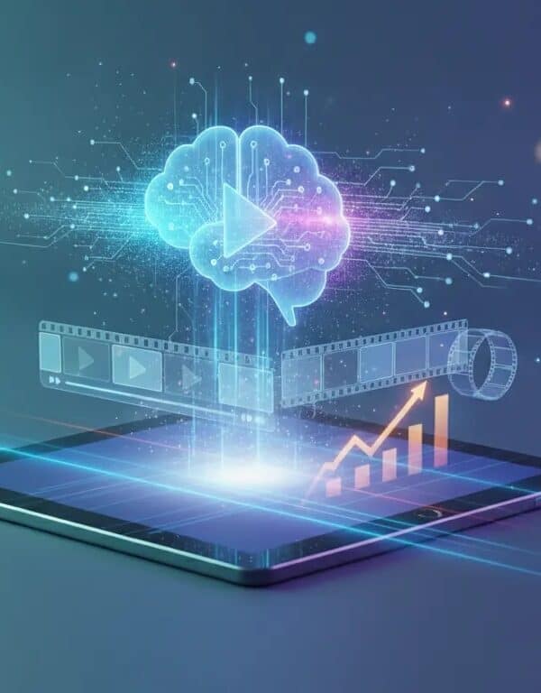 AI-assisted YouTube video production concept with an abstract brain and connected video timeline, suggesting automation and potential monetization without any text.