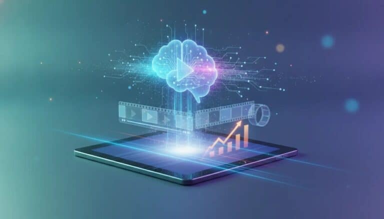 AI-assisted YouTube video production concept with an abstract brain and connected video timeline, suggesting automation and potential monetization without any text.