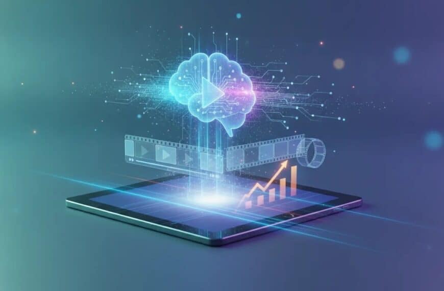 AI-assisted YouTube video production concept with an abstract brain and connected video timeline, suggesting automation and potential monetization without any text.