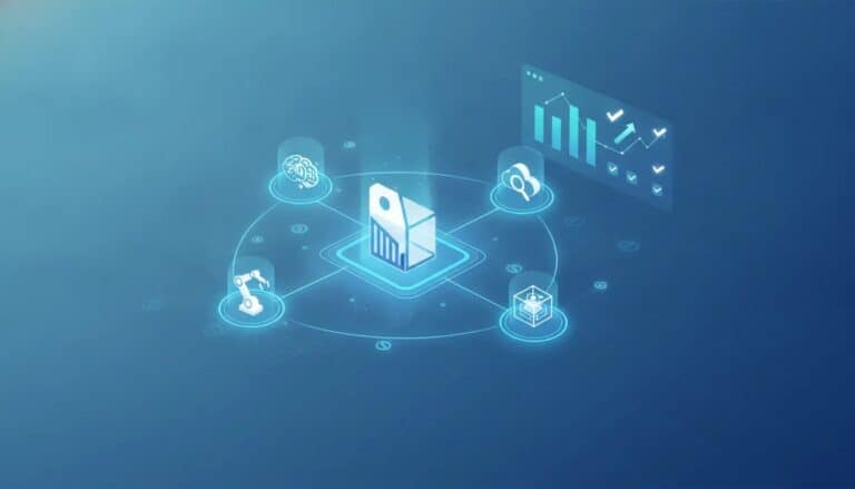 Illustration of an AI brand visibility dashboard showing a central brand connected to multiple AI assistants with abstract citations, analytics, and recommended actions—no text.