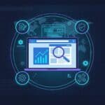Illustration of an AI-powered SEO and GEO dashboard with analytics charts, audit checklist and automation icons, symbolizing content optimization and site fixes without any text.