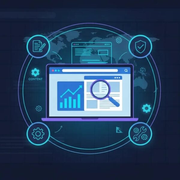 Illustration of an AI-powered SEO and GEO dashboard with analytics charts, audit checklist and automation icons, symbolizing content optimization and site fixes without any text.