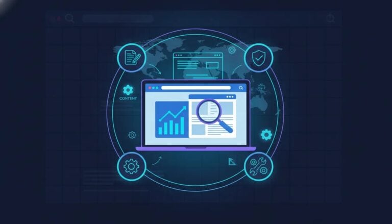 Illustration of an AI-powered SEO and GEO dashboard with analytics charts, audit checklist and automation icons, symbolizing content optimization and site fixes without any text.
