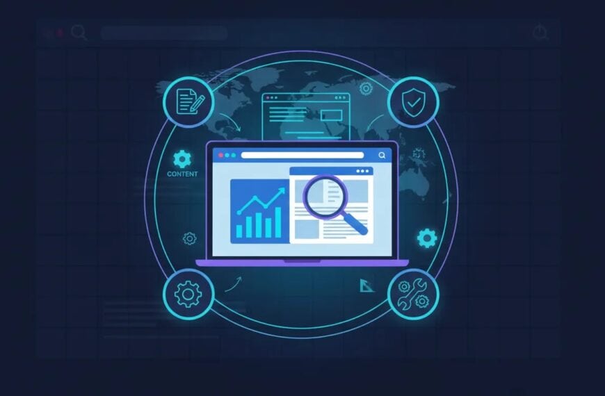 Illustration of an AI-powered SEO and GEO dashboard with analytics charts, audit checklist and automation icons, symbolizing content optimization and site fixes without any text.