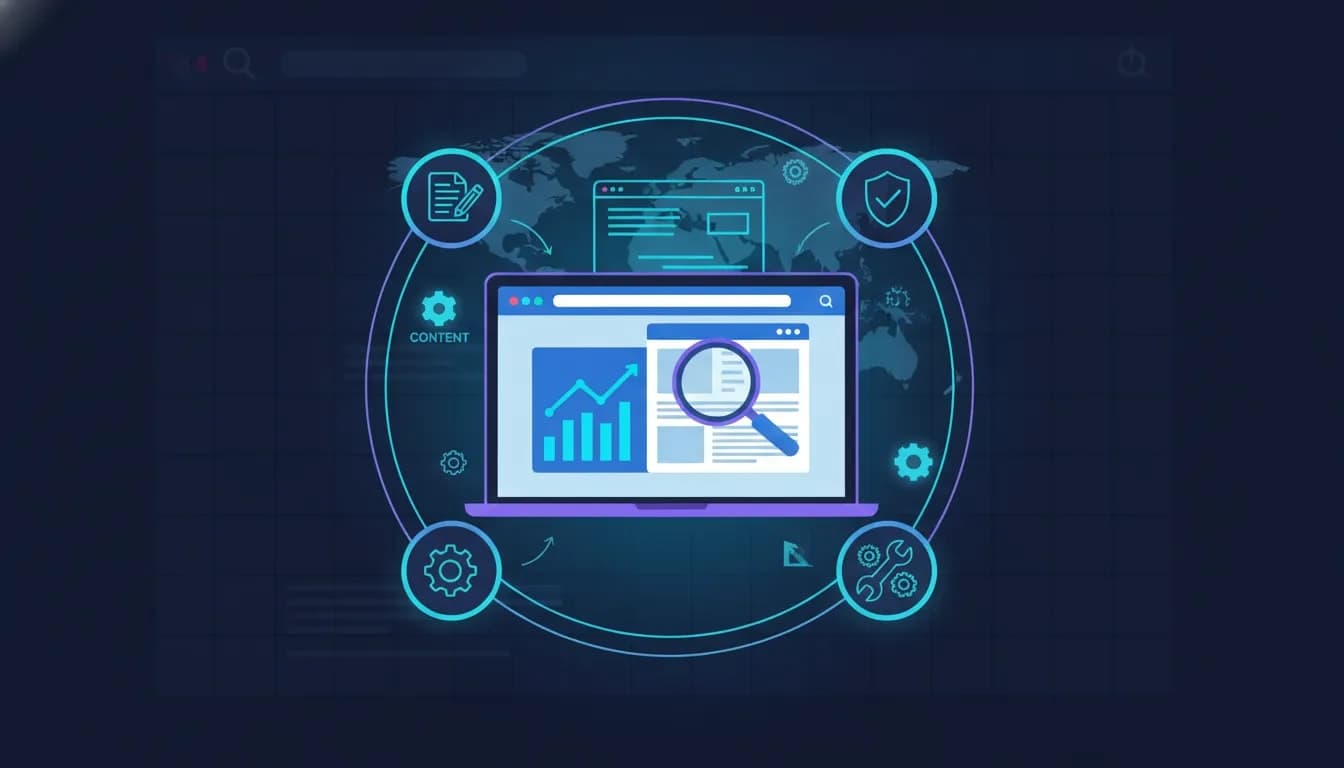Illustration eines KI-gestützten SEO- und GEO-Dashboards mit Analyse-Diagrammen, Audit-Checklisten und Automatisierungs-Icons, die Content-Optimierung und Website-Korrekturen ohne Text symbolisieren.