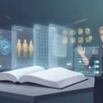 Illustration of an author guiding an AI-assisted book creation workflow with holographic panels for ideas, characters, outlines, chapters, and export—no text shown.