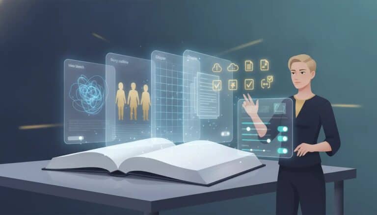 Illustration of an author guiding an AI-assisted book creation workflow with holographic panels for ideas, characters, outlines, chapters, and export—no text shown.