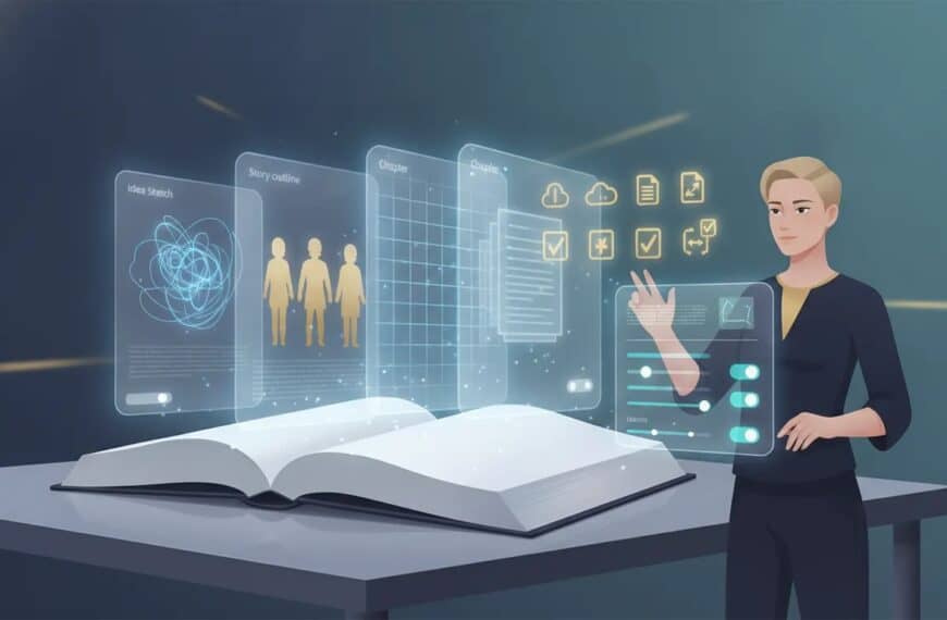 Illustration of an author guiding an AI-assisted book creation workflow with holographic panels for ideas, characters, outlines, chapters, and export—no text shown.