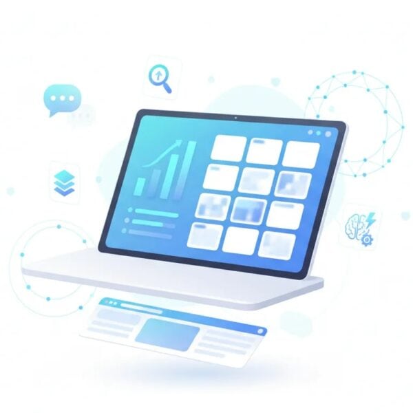 Illustration of a modern dashboard workspace for researching competitor Facebook ads and generating creative campaign assets, with abstract analytics and ad thumbnails (no text).