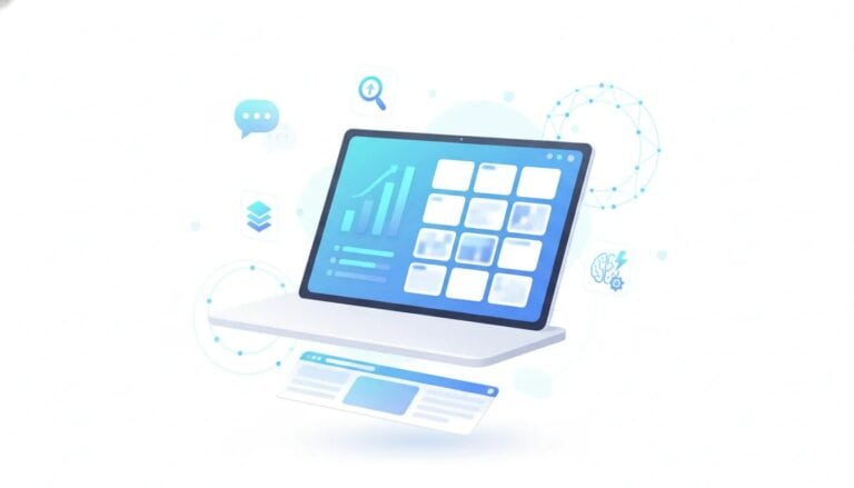 Illustration of a modern dashboard workspace for researching competitor Facebook ads and generating creative campaign assets, with abstract analytics and ad thumbnails (no text).