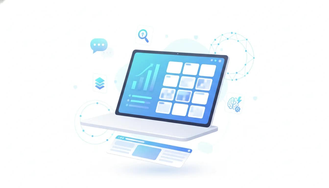 Illustration of a modern dashboard workspace for researching competitor Facebook ads and generating creative campaign assets, with abstract analytics and ad thumbnails (no text).