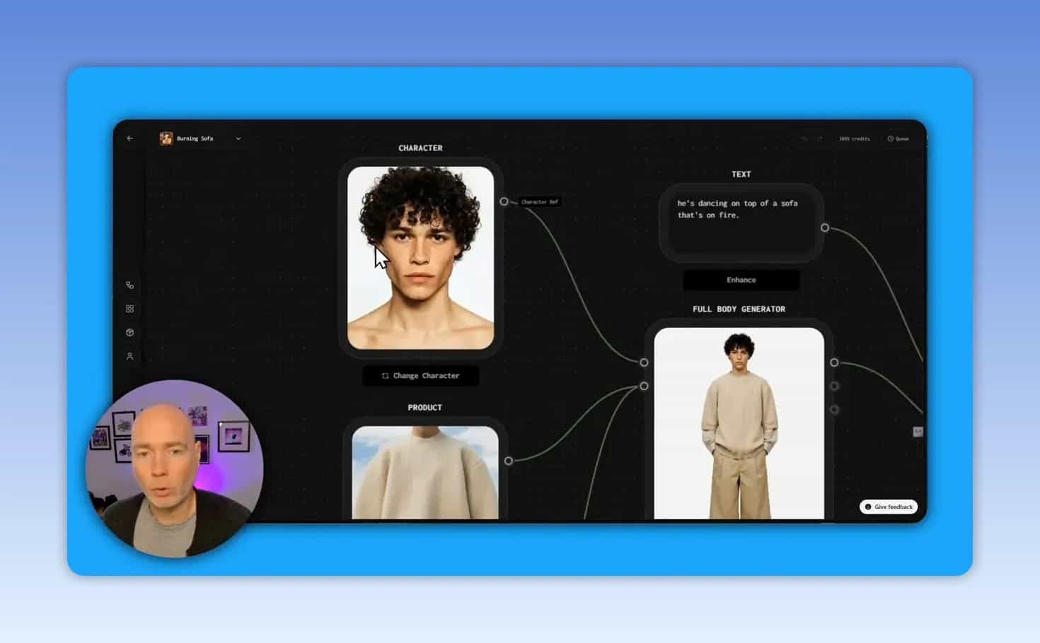 Node canvas with character, clothing product, full body generator, and output image