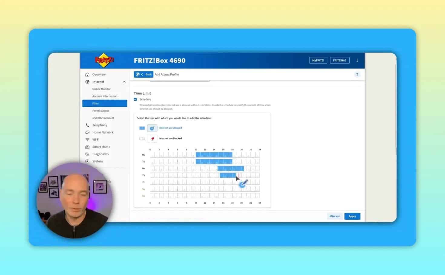 FRITZ!Box parental control screen with blue access periods in a weekly time grid