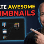 A bald man smiles and points to a screen displaying a thumbnail design workflow. The text reads: “CREATE BRILLIANT THUMBNAILS” with “BRILLIANT THUMBNAILS” in bold coloured font.