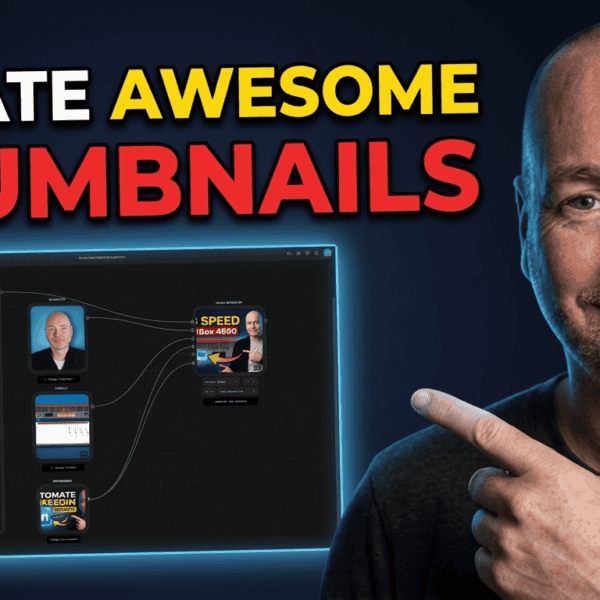 A bald man smiles and points to a screen displaying a thumbnail design workflow. The text reads: “CREATE BRILLIANT THUMBNAILS” with “BRILLIANT THUMBNAILS” in bold coloured font.