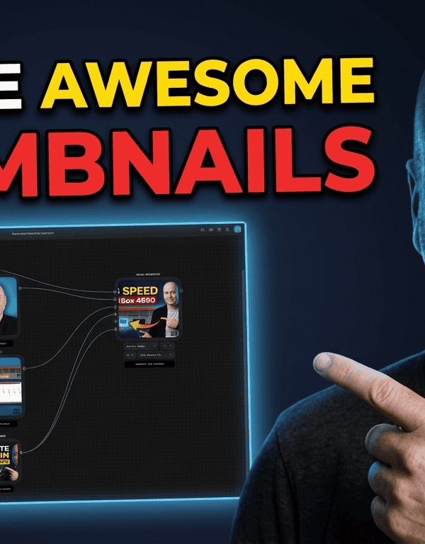 A bald man smiles and points to a screen displaying a thumbnail design workflow. The text reads: “CREATE BRILLIANT THUMBNAILS” with “BRILLIANT THUMBNAILS” in bold coloured font.